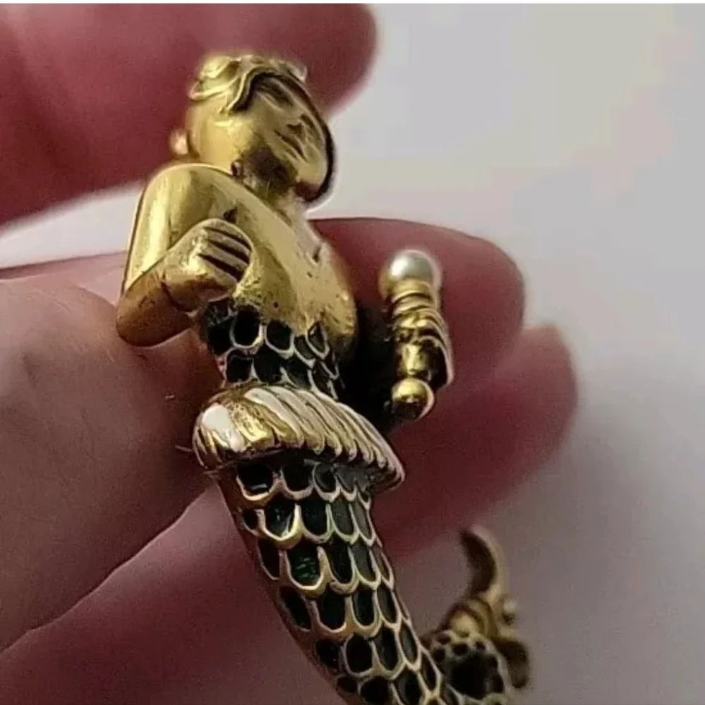Vintage Gold Tone Green Enamel Faux Pearl Mythical Mermaid Brooch Excellent